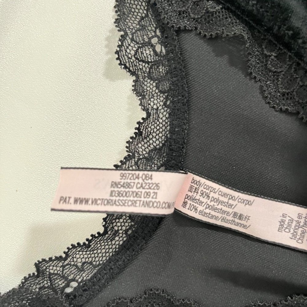 VICTORIA'S SECRET Black Velvet Lace Bodysuit Long Sleeves Thong Open Front XS - Picture 4 of 16